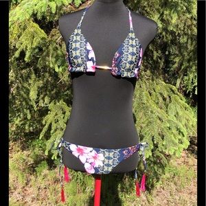 NEW Oriental Cherry Blossom Black Swimsuit Bikini Size S Side Tie Cheeky Bottom